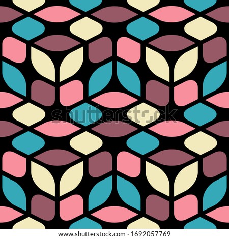 Seamless geometric colorful vector pattern with black background. Gift wrapping paper, interior, cloth, fabric or web design.