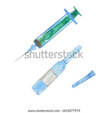 Syringe with needle and blue ampoule isolated on white background. Watercolor hand drawing illustration for medical posts, icon, prints, pattern, banner. Clip art.