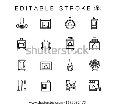 Set line icons of fireplaces and equipment for the fire inserts. Bake, oven, furnace. Furnace equipment and Christmas fireplace isolated contour illustrations. Outline symbols pack Royalty-Free Stock Photo #1692092473
