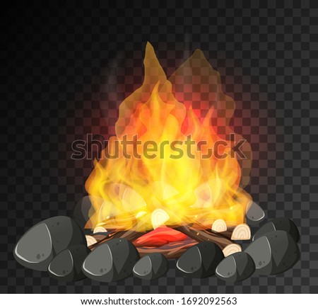 Campfire with big flame and firewoods on black background illustration