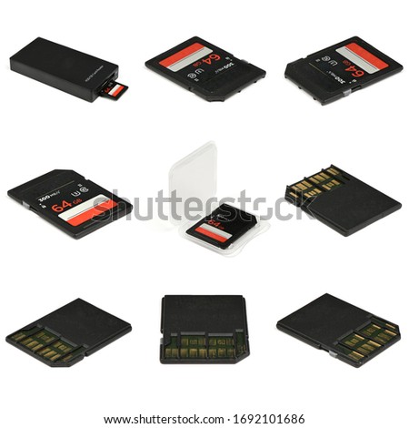 Nine modern professional  Memory Card features 64GB Storage Capacity,  ready to be used. Isolated on white background