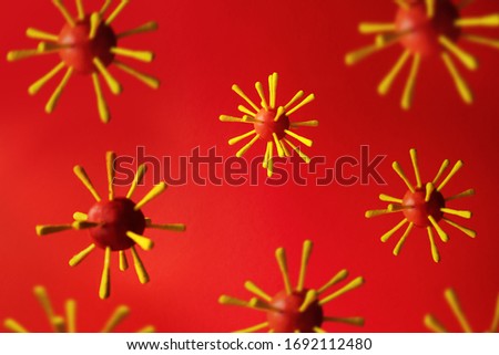 Abstract virus strain model of Coronavirus disease on red backgound. Coronaviruses influenza background as dangerous. Global Pandemic, COVID-19, 2019-nCov concept.