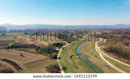 Aerial image or rural landscape near Zagreb city, around Sava river, suitable for agriculture.