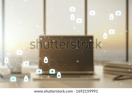 Creative concept of abstract medical illustration on modern laptop background. Medicine and healthcare concept. Multiexposure