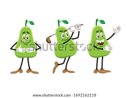 Vector illustration of a pear like a cartoon character, with an expressive face, arms, legs and in three different poses: hungry, playing golf, and showing.