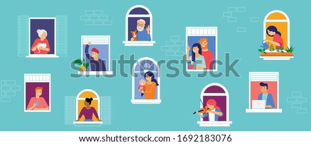 Stay at home, concept design. Different types of people, family, neighbors in their own houses. Self isolation, quarantine during the coronavirus outbreak. Vector flat style illustration stock Royalty-Free Stock Photo #1692183076