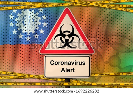 Myanmar flag and Covid-19 biohazard symbol with quarantine orange tape. Coronavirus or 2019-nCov virus concept