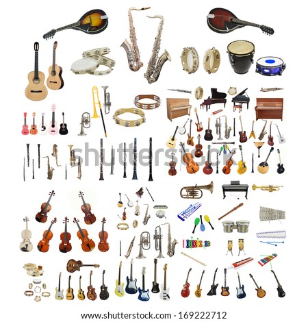 Different music instruments under the white background Royalty-Free Stock Photo #169222712