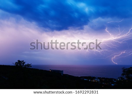 Powerful lightning discharge over the Black sea coast in Crimea