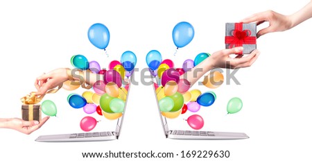 hand with a gift and balloons come out from a screen of a laptop computer isolated on white background