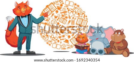 Teacher and students in the classroom, drawing in a vector. Teacher fox and students animals-fox, baby elephant and hippo. Vector illustration
