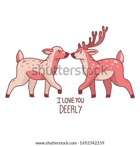 Pink kawaii cartoon i love you deerly text animal illustration. Cute girly doe with antler. Childish hand drawn. For valentines love decor, boho fashion, trendy woodland graphic vector. 