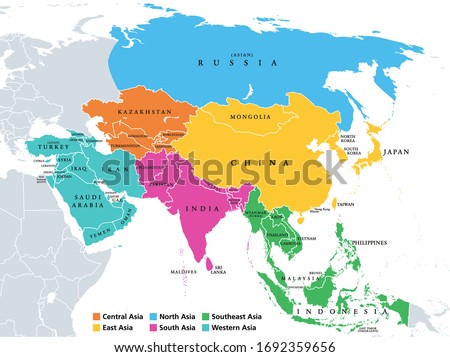 Main regions of Asia. Political map with single countries. Colored subregions of the Asian continent. Central, East, North, South, Southeast and Western Asia. English labeled. Illustration. Vector. Royalty-Free Stock Photo #1692359656