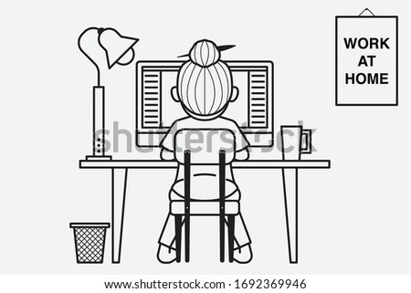 work from home flat design. Work desktop back view, office desk table with laptop. work at home. living room. illustration