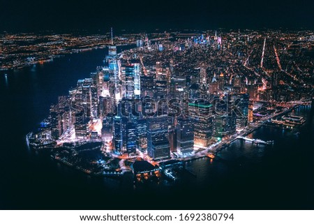 New York Skyline at night looks beautiful shrines from above in the night