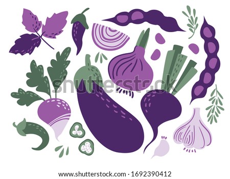 Hand drawn flat 
purple and green vegetables set: 
eggplant, onions, beans, hot peppers, radishes, beetroot, garlic, rosemary, basil Royalty-Free Stock Photo #1692390412