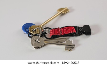 Keys with a keychain on white table. Close up.
