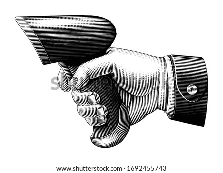 Hand holding barcode scanner drawing vintage style black and white clip art isolated on white background
