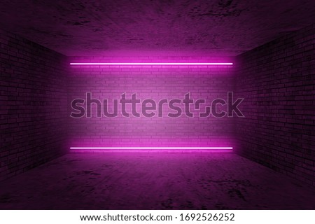 Futuristic Sci Fi Elegant Modern Neon Glowing Rectangle Frame Shaped Lines Tubes Purple Pink Blue Colored Lights In Dark Empty Grunge Concrete Brick Room