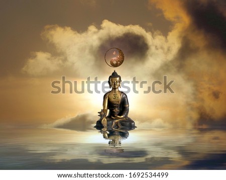 spiritual background for meditation with buddha statue in stormy background 