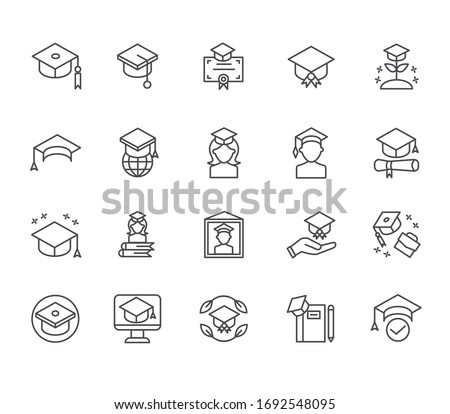 Set of graduation cap Related Vector Line Icons. Includes such Icons as University, master's degree, student, diploma, science, dissertation, scientific work, knowledge and more. Royalty-Free Stock Photo #1692548095