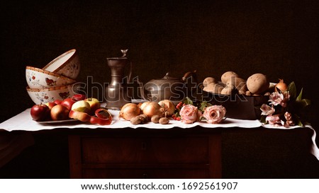 Stil life, with bowls, tin, potatoes, onions, fruit. and roses.