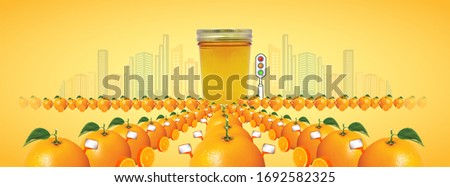 Fresh orange juice with fruits car, isolated on the road in traffic jam