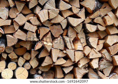 Logs of firewood piled under canopy, closeup.