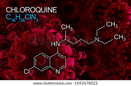 Chloroquini phosphas, chloroquine medicine substance. Drug introduced as treatment for coronavirus (SARS-CoV-2). Active in COVID-19 supportive therapy. Chemical formula written next to virus cell.