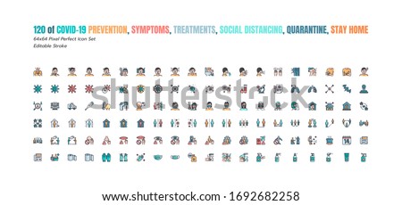 Simple Set of Covid-19 Prevention Filled Outline Icons. such Icons as Protective, Coronavirus, Social Distancing, Symptoms, Quarantine, Stay at Home, Hand Washing 64x64 Pixel Perfect. Editable Stroke. Royalty-Free Stock Photo #1692682258