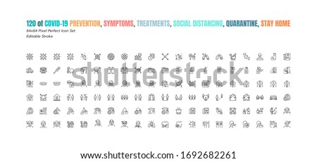 Simple Set of Covid-19 Prevention Line Outline Icons. such Icons as Protective Measures, Coronavirus, Social Distancing, Symptoms, Quarantine, Stay at Home. 64x64 Pixel Perfect. Editable Stroke. Royalty-Free Stock Photo #1692682261