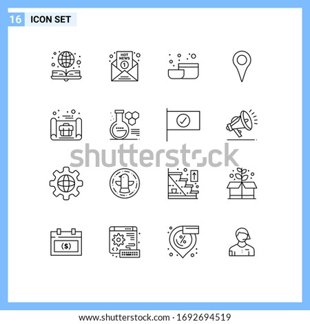 Set of 16 Modern UI Icons Symbols Signs for business plan; pin; report; map; geo location Editable Vector Design Elements