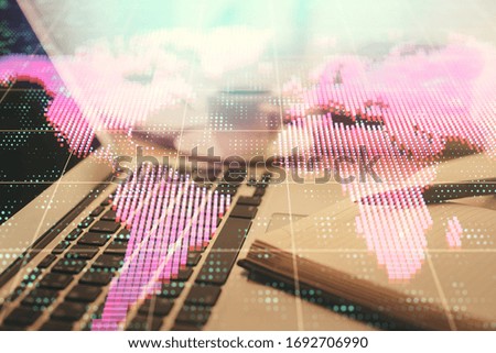 Double exposure of business theme drawing and desktop with coffee and items on table background. Concept of market trading