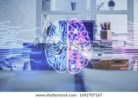 Double exposure of brain drawing and office interior background. Concept of data technology.