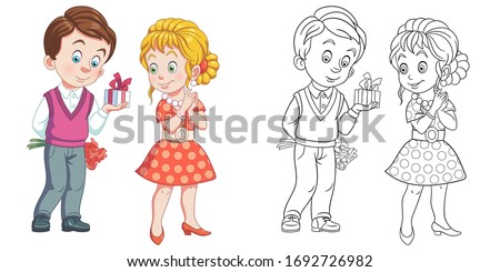 Cute lovely couple on Valentines Day. Coloring page and colorful clipart character. Cartoon design for t shirt print, icon, logo, label, patch or sticker. Vector illustration.