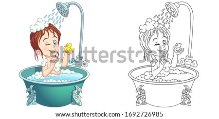Baby girl in bathroom taking a shower. Coloring page and colorful clipart character. Cartoon design for t shirt print, icon, logo, label, patch or sticker. Vector illustration.