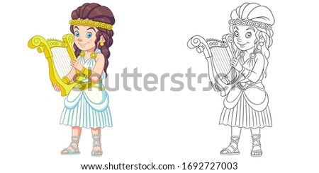 Cute girl playing harp. Coloring page and colorful clipart character. Cartoon design for t shirt print, icon, logo, label, patch or sticker. Vector illustration.