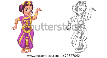 Cute girl dancing indian classic dance. Coloring page and colorful clipart character. Cartoon design for t shirt print, icon, logo, label, patch or sticker. Vector illustration.
