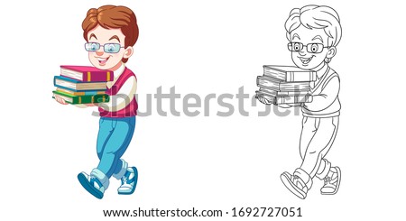 Cute boy with pile of books. Coloring page and colorful clipart character. Cartoon design for t shirt print, icon, logo, label, patch or sticker. Vector illustration.