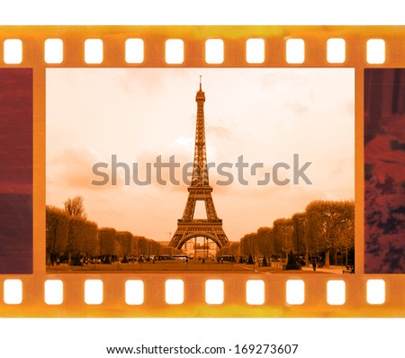 vintage old 35mm frame photo film with Eiffel Tower in Paris, France