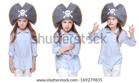 Set of images of funny little girl in pirate hat isolated on white on Holiday theme/ collage of photos of Halloween pirate girl