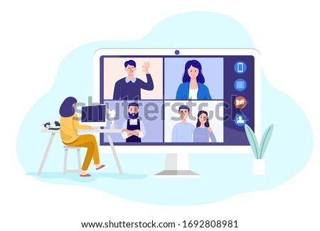 Video conferencing at home, Woman having video call meeting with clients at home. Vector Royalty-Free Stock Photo #1692808981