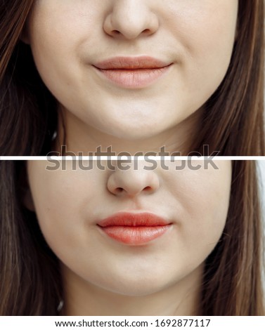 Photo comparison before and after permanent makeup, tattooing of lips for woman in beauty salon