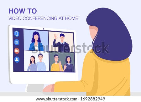 Video conferencing at home, Close-up woman having video call meeting with clients at home. Vector Royalty-Free Stock Photo #1692882949