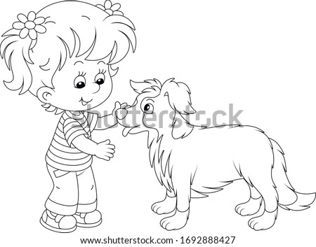 Cheerful little girl walking and playing with a small border collie, black and white vector cartoon illustration on a white background