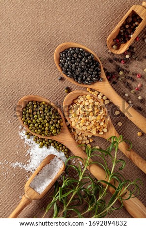 Various raw lentils with rosemary, salt and pepper. Top view.