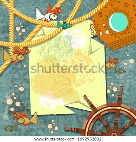Decorative background on the marine theme. Ship steering wheel, fish, air bubbles in the water, ropes, aged texture, crumpled sheet of paper and diving helmet. Vector illustration