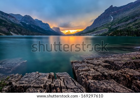 sunset at St. Mary Lake, Glacier national park, MT Royalty-Free Stock Photo #169297610