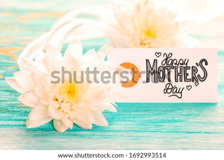 Label With Calligraphy Happy Mothers Day. White Blossoms