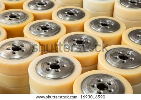 Polyurethane forklift, reach truck wheels, stacker wheels for warehouse and indoor use Royalty-Free Stock Photo #1693016590
